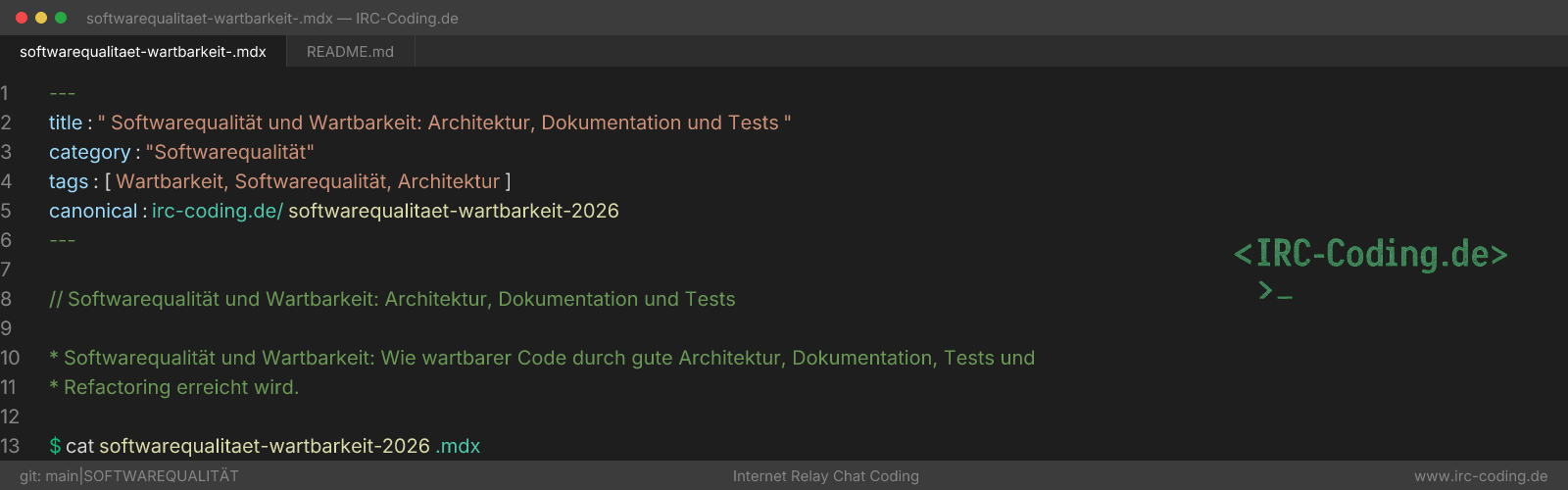 Software Quality and Maintainability: Architecture, Docs, Tests